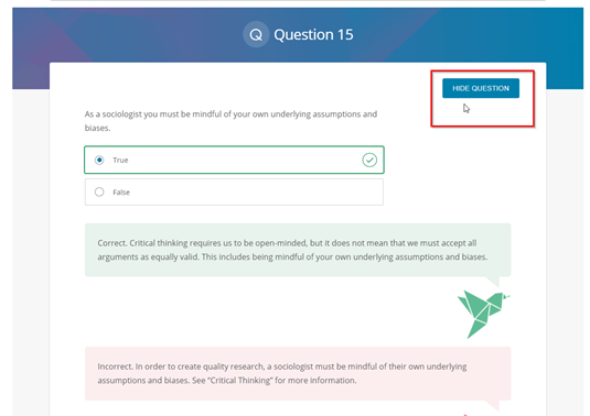 Screenshot showcasing Hide Questions button