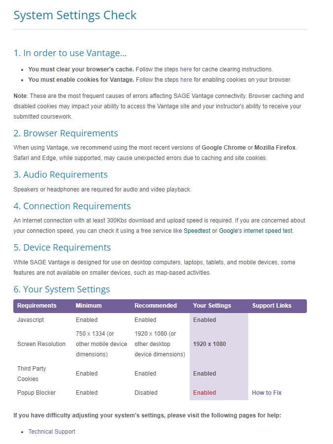 SAGE Vantage System Settings Check page preview