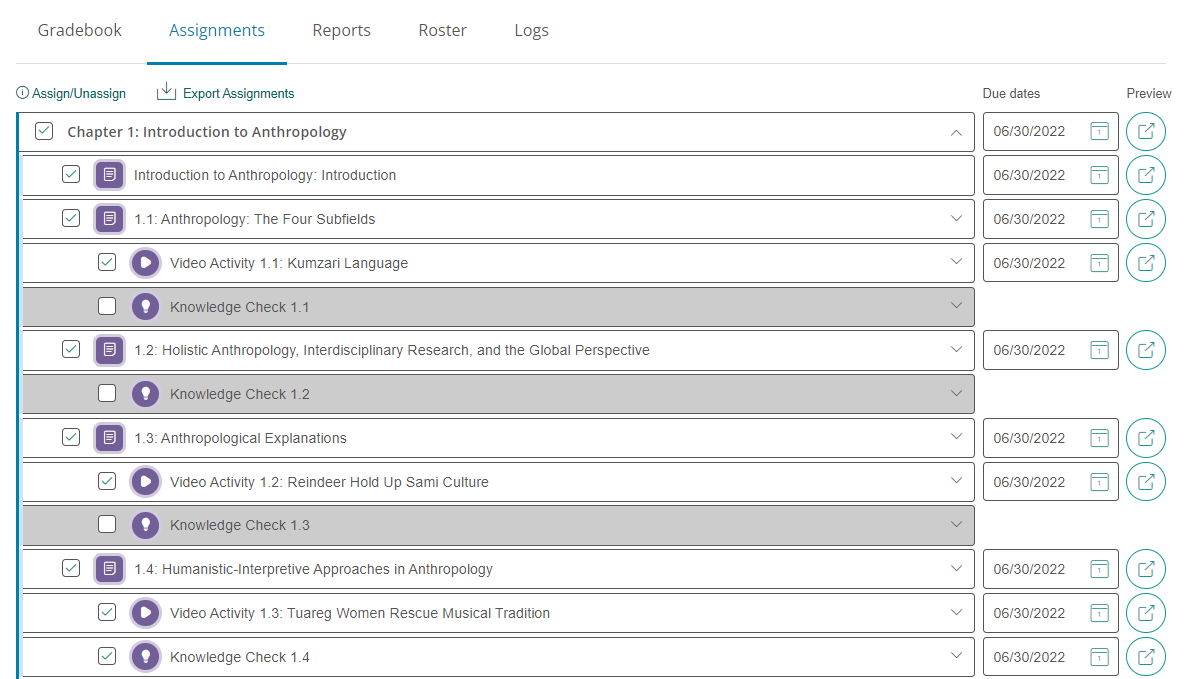 Screenshot showing new Assignments Page