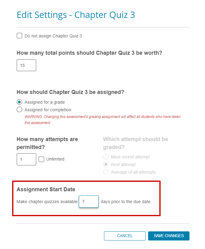 Screenshot showing Individual Assignment settings for Chapter Quiz