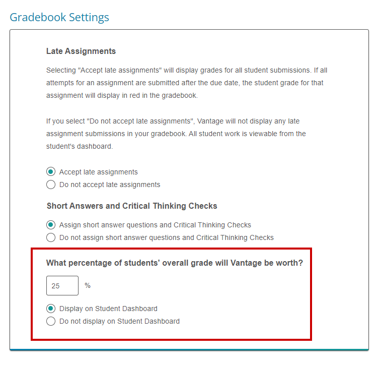 Screenshot showing Gradebook Settings option to show overall percentage on student dashboard
