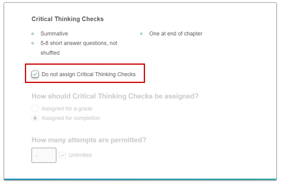 Screenshot showing Short Answer assignability options in Critical Thinking Checks