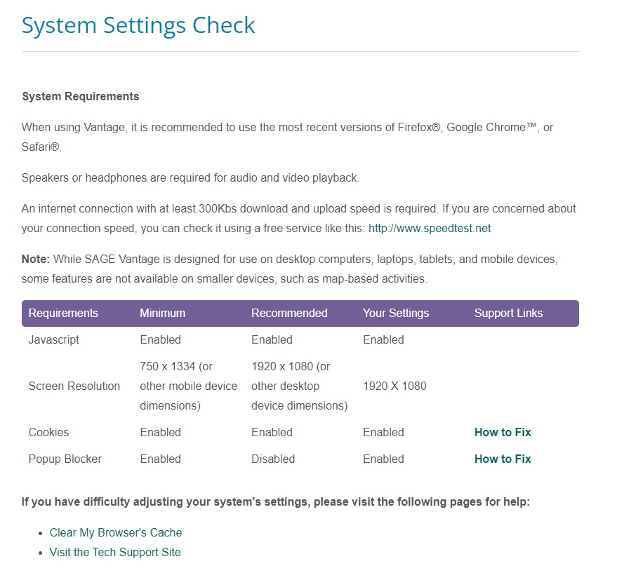 Screenshot of Vantage System Settings Check page