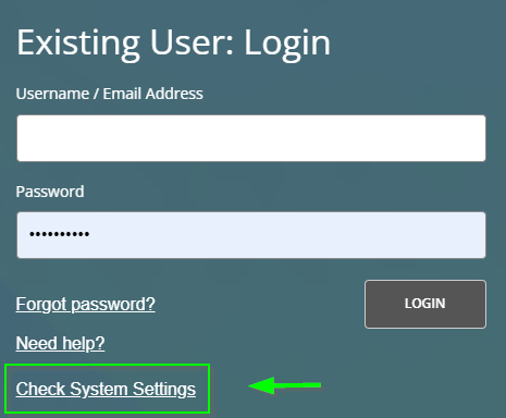 Screenshot of location of Check Systems Settings button on Vantage login screen