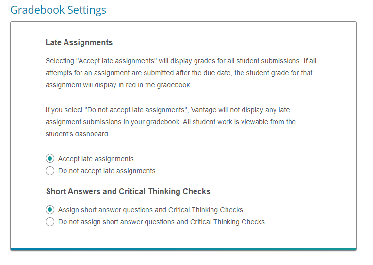 Screenshot of Gradebook Settings for instructors in Vantage