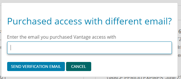 Screenshot showcasing "Purchased access with different email?" popup