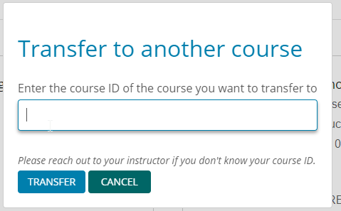 Screenshot showcasing "Transfer to another course" popup