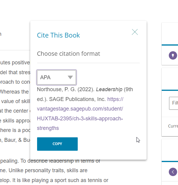 Screenshot of citation tool popup window showing APA style sample