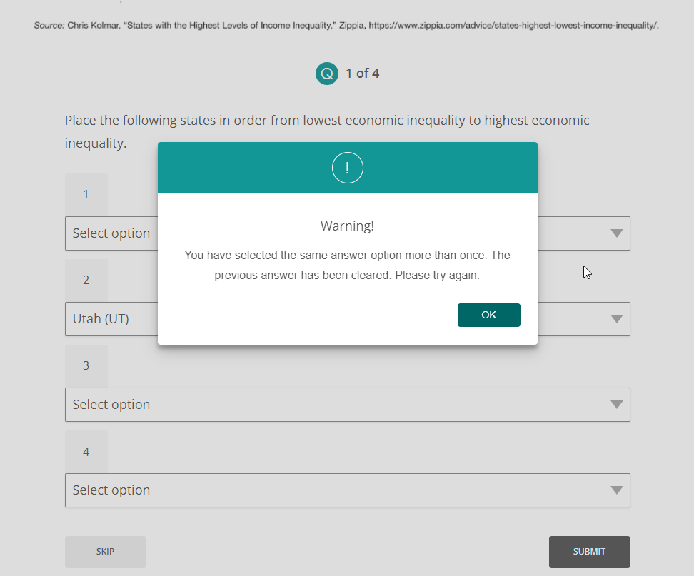 Screenshot of warning message displayed when same mutli-select option indicated twice