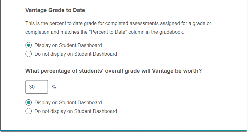 Screenshot showing Course Settings where Vantage Grade to Date and Vantage percent of overall grade can be managed 