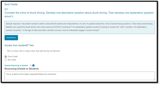 Screenshot of Option to Provide Feedback to Students for Short Answer Questions