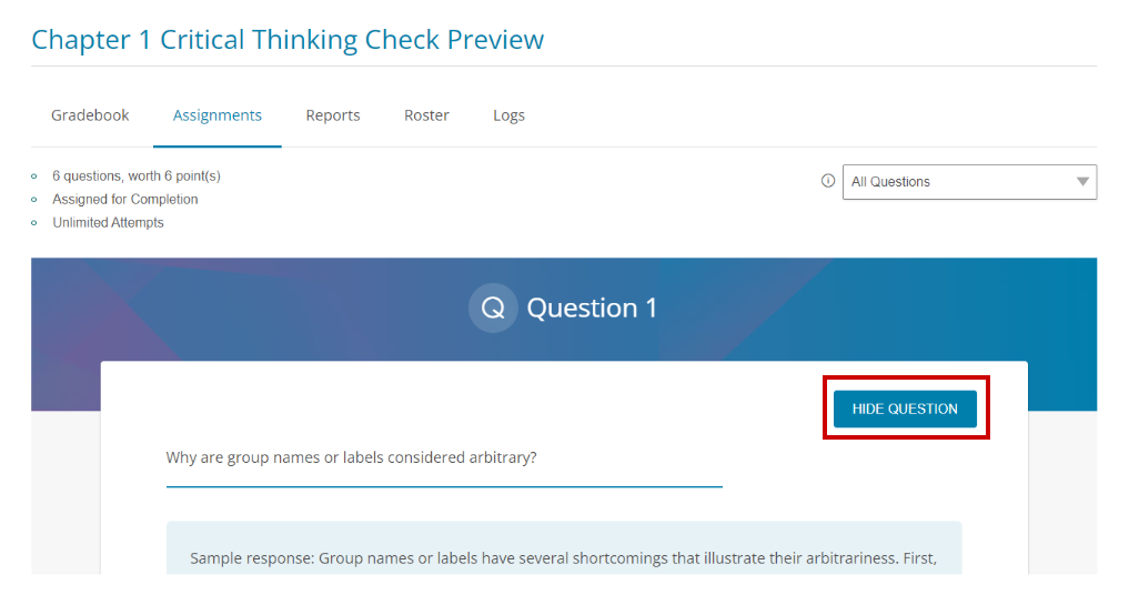 Screenshot showing "Hide Question" button in Critical Thinking Check