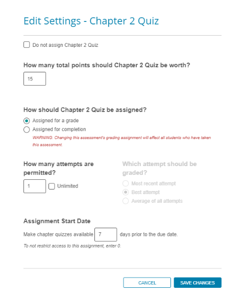 Screenshot showing Chapter Quiz Start Date in Global Assignment Settings