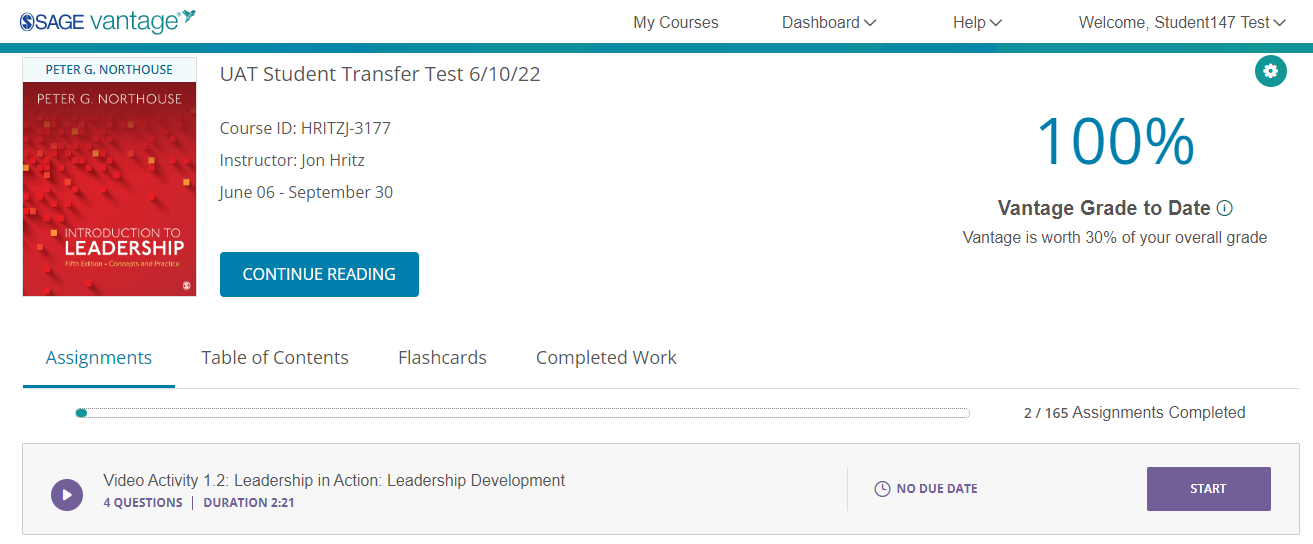 Screenshot of newly redesigned student dashboard in Vantage