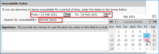 Screenshot of the unavailable dates section, with the mouse hovering over the calendar to select the dates.