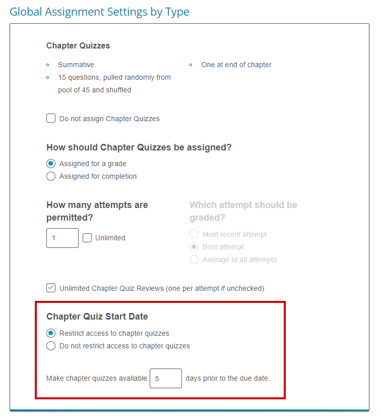 Screenshot showing Global Assignments Settings for Chapter Quizzes