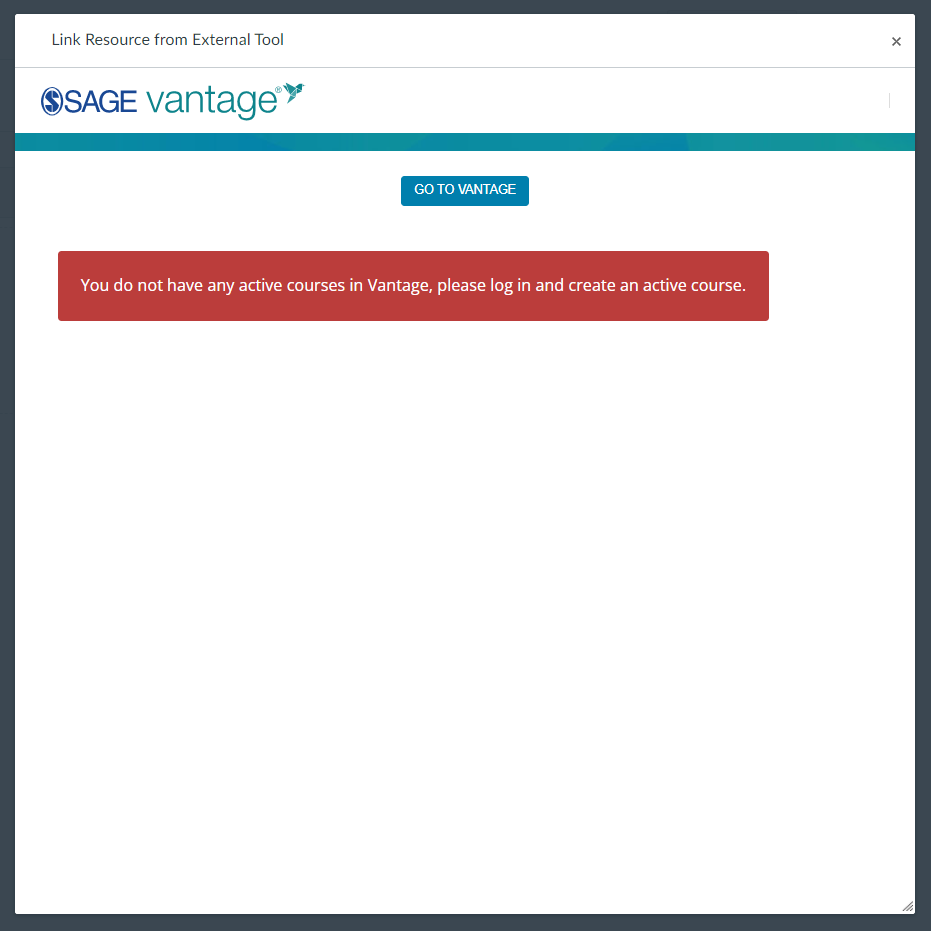 SAGE Vantage Go To Vantage from LTI button